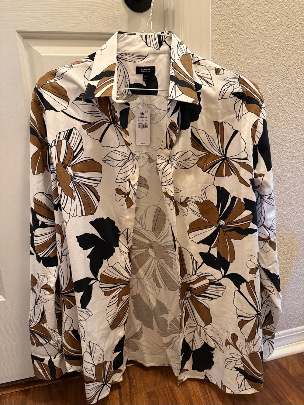 Express Men’s White Button-Up Shirt with Brown & Black Floral Print